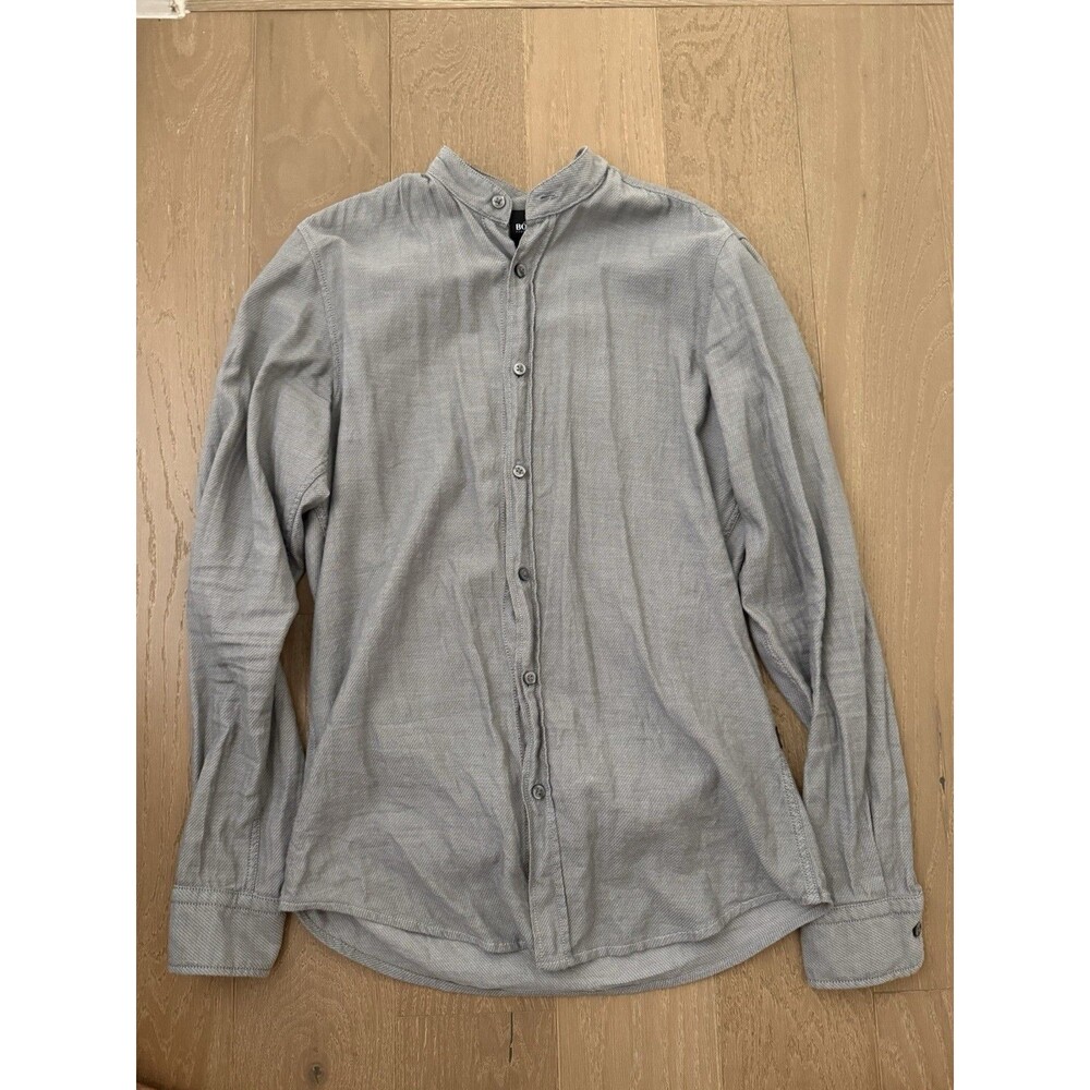 BOSS Hugo Boss Mens XS Gray Band Collar Shirt Regular Fit Cotton Lyocell